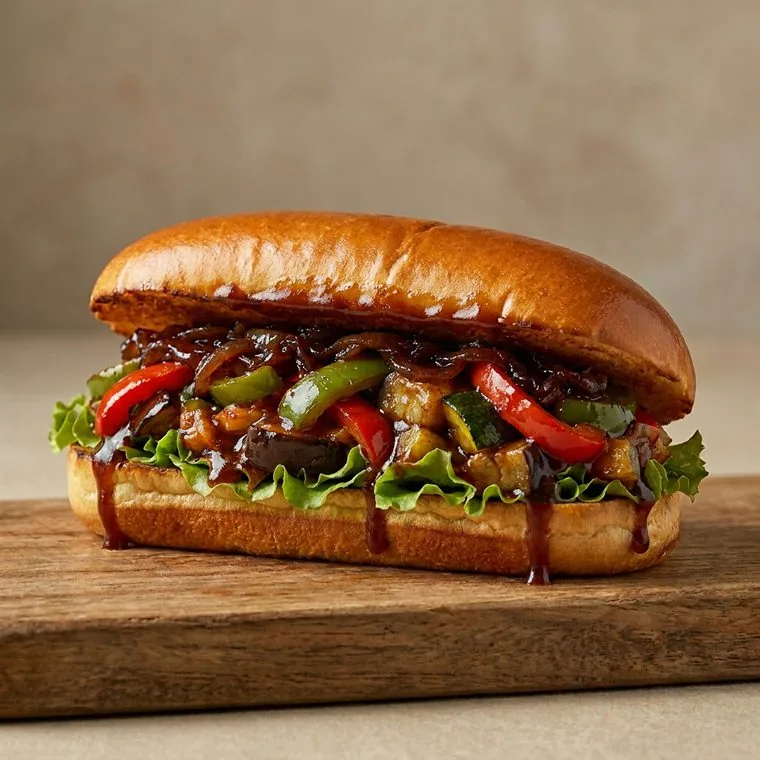 Bocadillo vegetal: samfaina de pimientos, berenjena y calabacín con cebolla caramelizada y lechuga en pan brioche