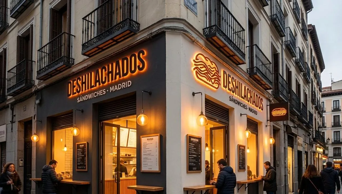 Esquina de Deshilachados en una calle de Madrid al atardecer, con gente pidiendo en la ventana