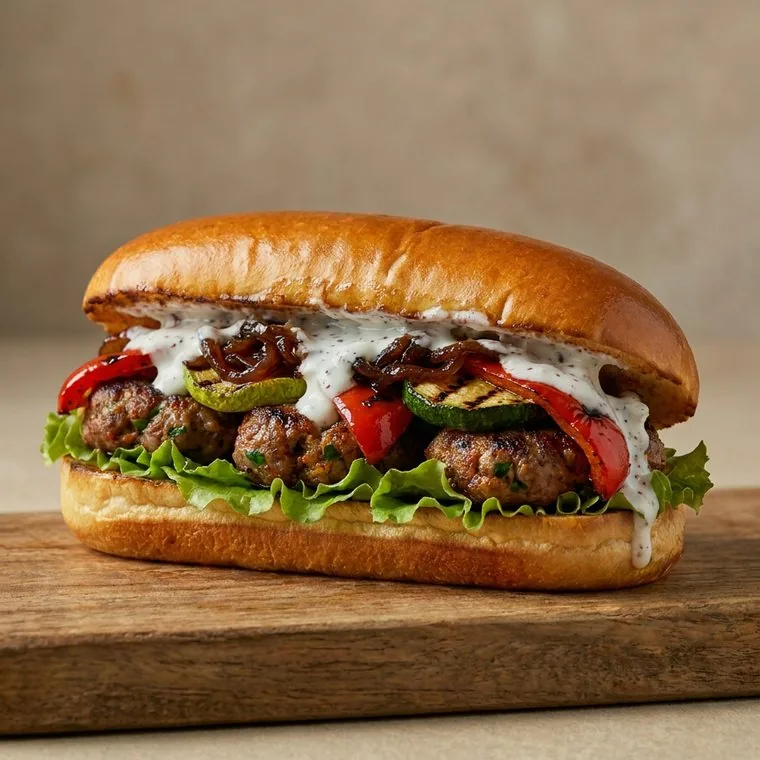 Köfte: albóndiga de cordero y ternera a la brasa con verduras asadas, cebolla caramelizada, lechuga y salsa de yogur en pan brioche