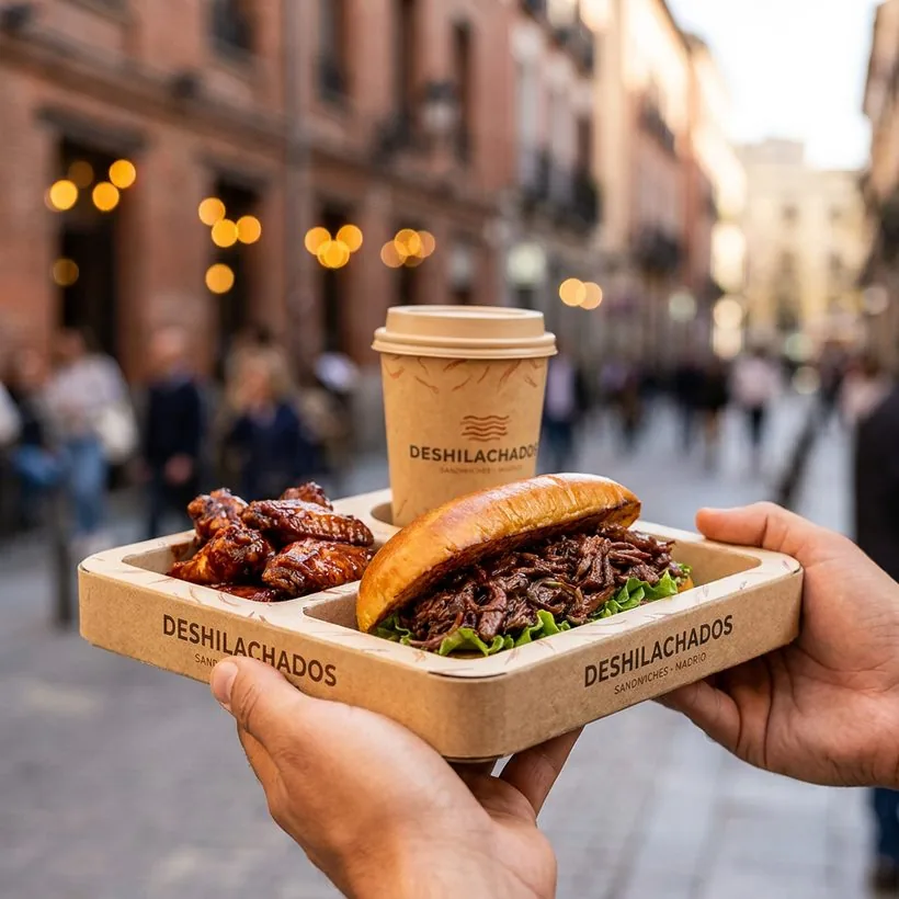 Combo Deshilachados en su bandeja de cartón sostenido en una calle de Madrid al atardecer