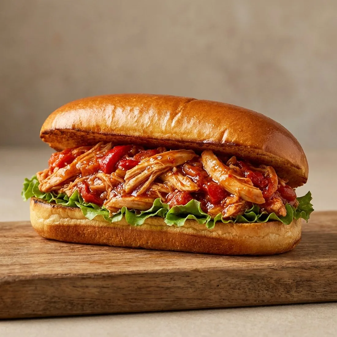 Sándwich de pollo al chilindrón deshilachado en pan brioche