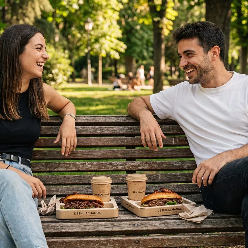 Dos amigos comiendo sándwiches Deshilachados en un banco de un parque de Madrid