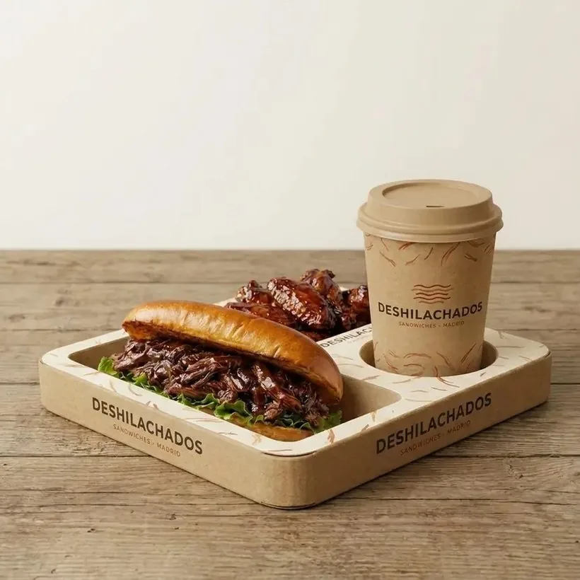 Combo Deshilachados: sándwich, alitas y bebida en su bandeja de cartón para llevar